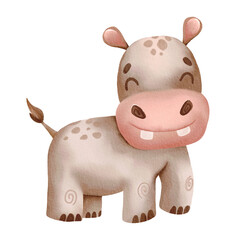 Watercolor cute hippopotamus on a transparent background. Cartoon hippopotamus using watercolor technique.