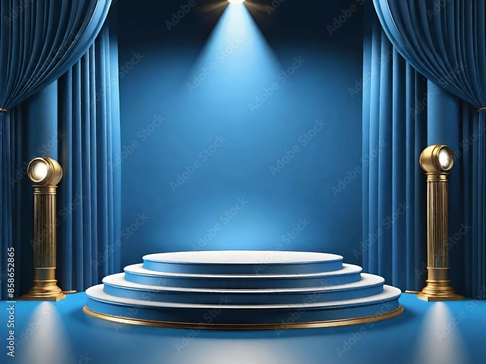 Poster empty podium on blue background with stage for product display. 3d render illustration.