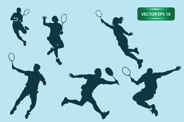 Obraz premium silhouettes of badminton athletes playing, holding feather shuttlecocks. vector art sports athlete pose isolated on background