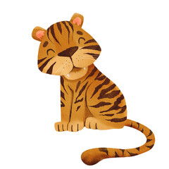 Watercolor cute tiger cub on a transparent background. Cartoon tiger in watercolor technique.