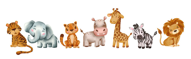 Obraz premium Watercolor set of cute African animals: elephant, cheetah, hippopotamus, giraffe, tiger, lion, zebra on a transparent background. Cartoon animals in watercolor technique.