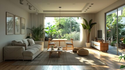 A living room with a white couch, a coffee table, and a potted plant