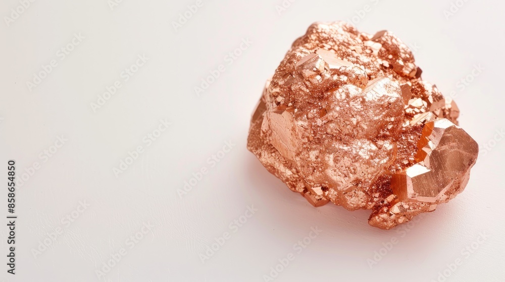 Poster close up view of copper nugget on white background with space for text