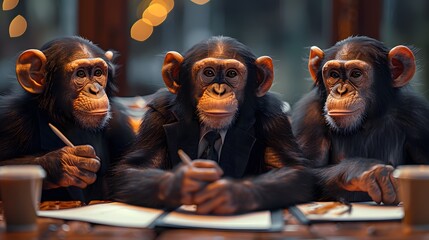 Corporate meeting scene with a monkey in a business suit, 8K comic style.