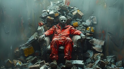 Hoarder sitting on a throne of collected junk items in expressionist style, 32K HD.
