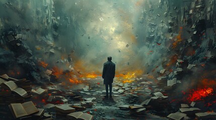 Hoarder trying to move through tight spaces between piles of junk in expressionist style, ultra HD.