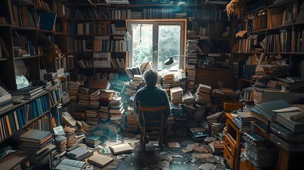 Photo of a hoarder in a cluttered room with piles of junk, hyper-detailed.