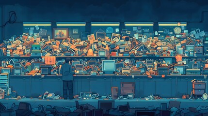 Hoarder in a messy room filled with junk, captured in hyper-realistic pop art style.