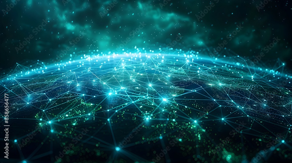 Poster radiant blue green planet enveloped in pulsing data web of global connectivity