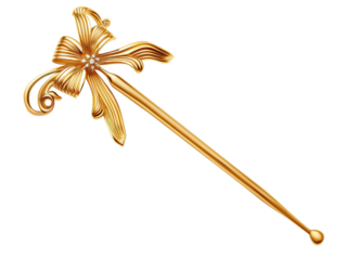 A gold flower shaped hair accessory with a diamond in the center