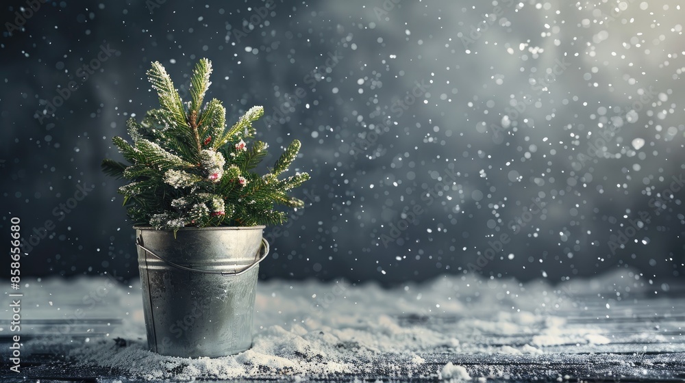 Poster christmas theme with a live spruce tree in a bucket on a snowy dark backdrop