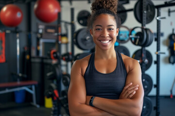 Fototapeta premium A woman is smiling and posing in a gym.