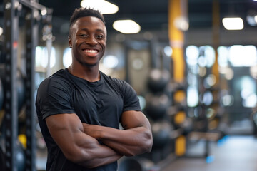 A man is smiling and posing in a gym.