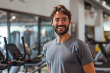 Obraz premium A man is smiling and posing in a gym.