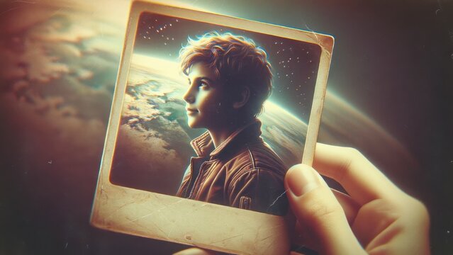 Holding a boy vintage photo in the space
