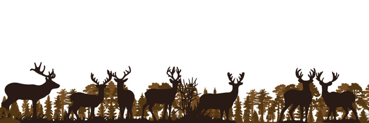 silhouette of a crowd of deer walking in a pine forest. a group of animals in the forest with a tree background. vector flat illustration