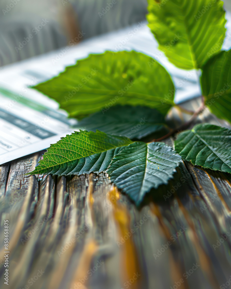 Poster fresh green leaves resting on rustic wooden table with a document background nature and office conce