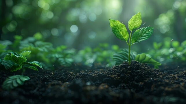 Young Green Plant Growing In Rich Soil, Close-up, Nature Background. Sustainable Growth And Ecology Concept