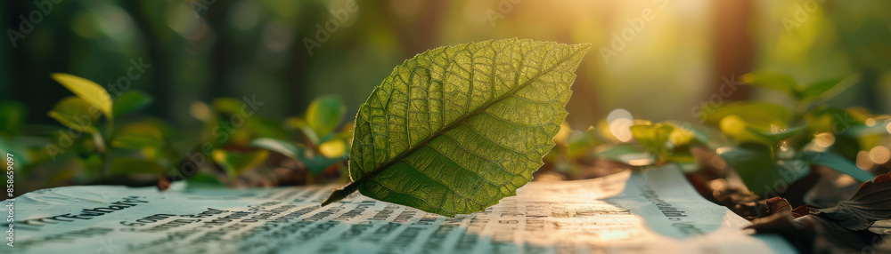 Poster mesmerizing close up of a single leaf resting on an open book in an enchanting forest lighted by a b