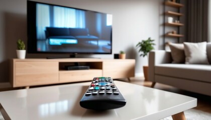 the remote control on the coffee table in the living room, the TV blurred in the background