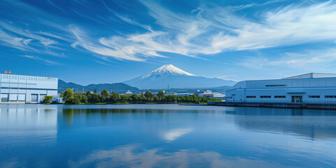 Fototapeta premium New Large Office White Warehouse River Center Blue Sky Fuji-san