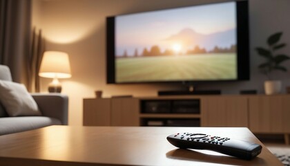 the remote control on the coffee table in the living room, the TV blurred in the background