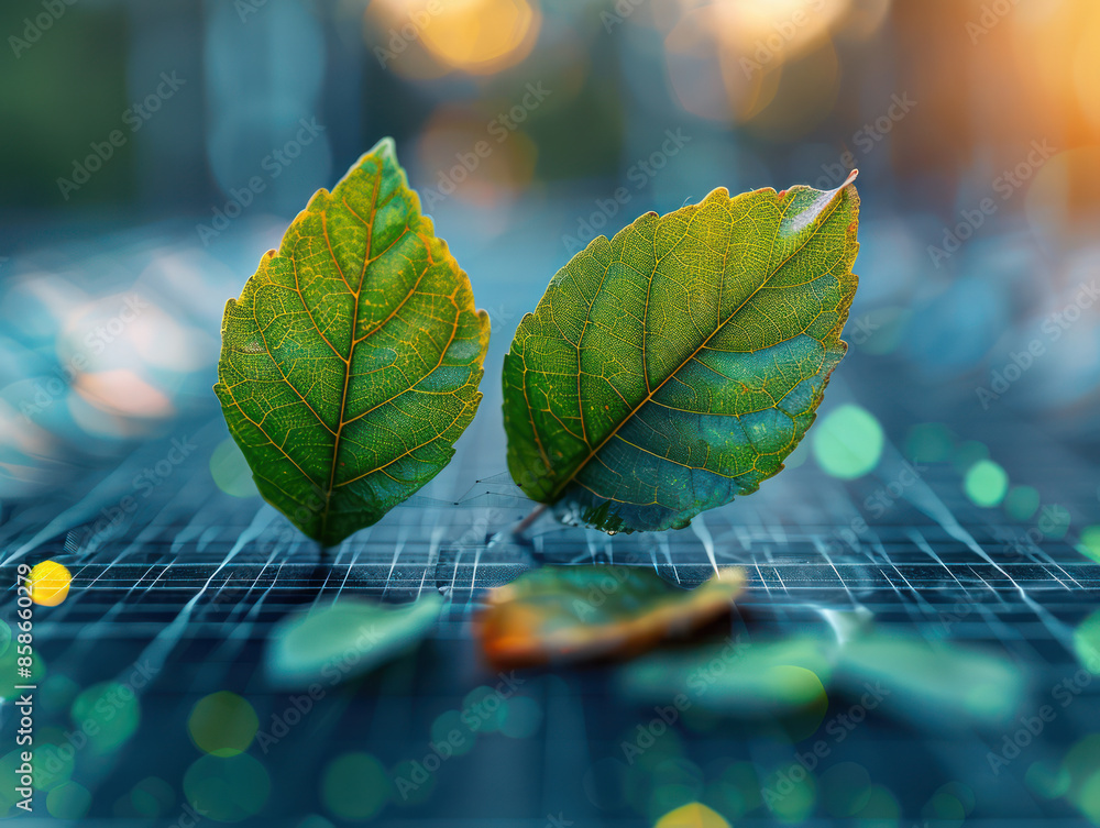 Poster two vibrant green leaves on a subtle surface with dappled sunlight and soft bokeh effects creating a