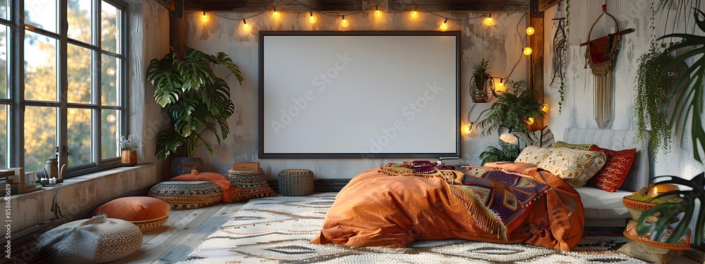 Poster A 3D rendered mockup of a white background frame placed in a cozy eclectic boho chic bedroom setting  The space features colorful textiles string lights and a soft whimsical focus evoking a dreamy