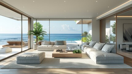 Fototapeta premium A large living room with a view of the ocean