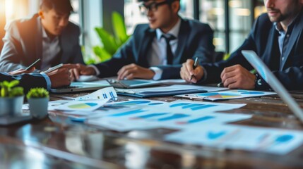 Fototapeta premium Three men in suits are sitting at a table with papers and laptops