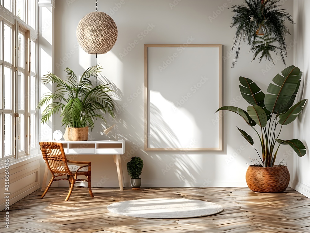 Poster a mockup showcasing a clean white background frame placed in a bright and open home office setting w