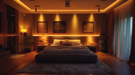 Obraz premium A bedroom with a large bed, a nightstand, and a lamp