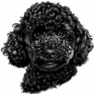 A black and white drawing of a poodle dog
