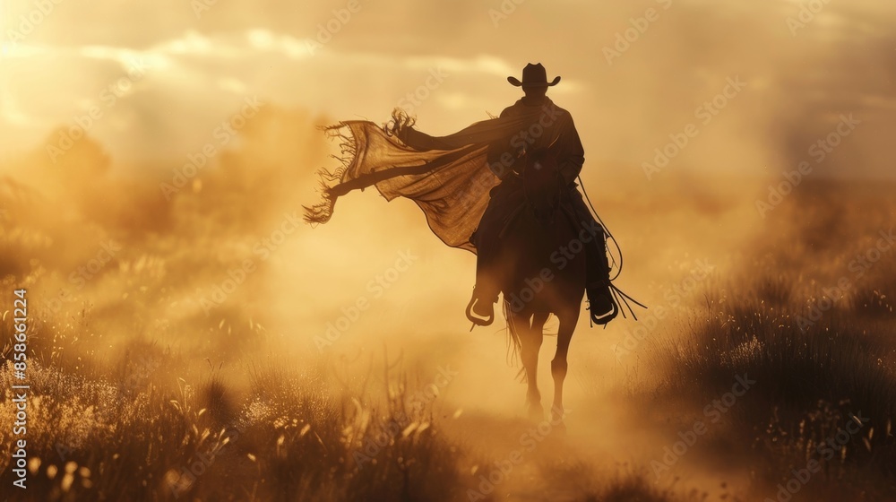 Poster a ranch hand riding through a dusty field with a tattered poncho streaming behind them in the wind.