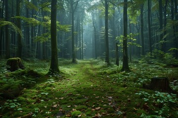 Fototapeta premium A Misty Forest Path Through Tall Trees on a Cloudy Day