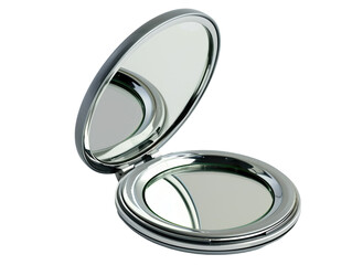 A silver compact mirror with a silver frame
