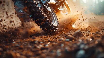 A dirt bike is in the middle of a muddy field