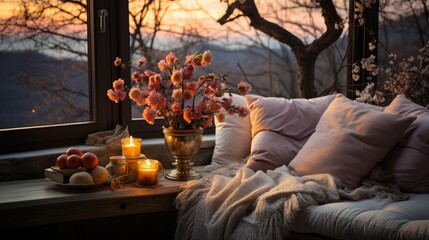 Comfortable armchair with blanket and cushions, warm resting environment. Relaxing environment to read.