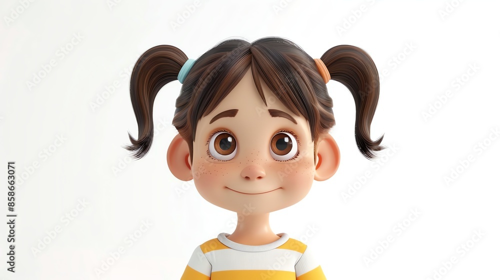 Sticker A 3D cartoon girl with brown hair tied in pigtails, smiles at the camera.