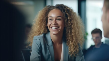 Obraz premium Charming black woman in office, dressed in suit. She sits at a stylish modern desk and smiles sweetly. Diversity concept.