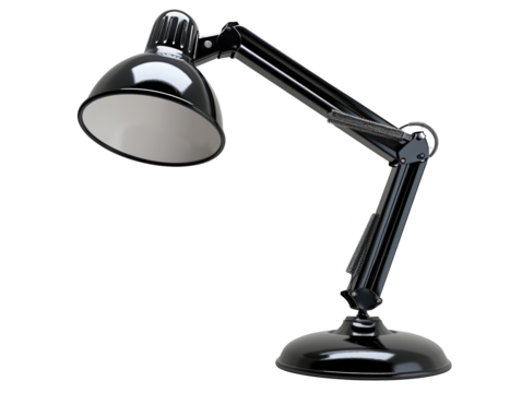 A black lamp with a white shade sits on a white background