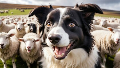Fototapeta premium portrait of border collie shepherd dog smiling for the camera among a flock of sheep
