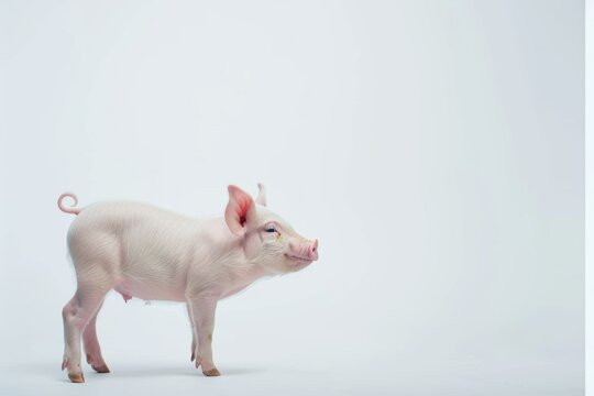 the beside view Babi Landrace Pig standing, left side view, white copy space on right isolated on white background