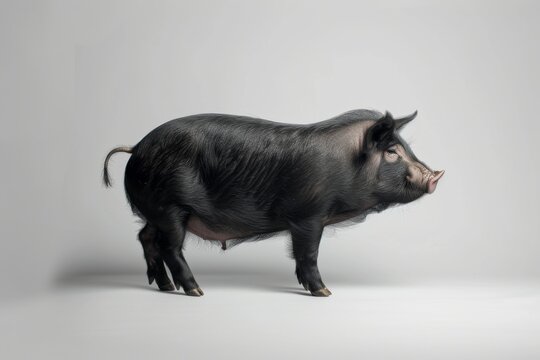 the beside view Berkshire Pig standing, left side view, white copy space on right isolated on white background
