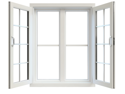 A white window with two panes of glass and a white frame