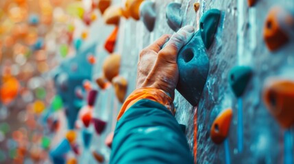 Defocused figures reaching for holds on a blurred backdrop of climbing equipment