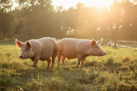 View from side body of a three Duroc pig standing on grass, Awe-inspiring, Full body shot ::2 Side Angle View