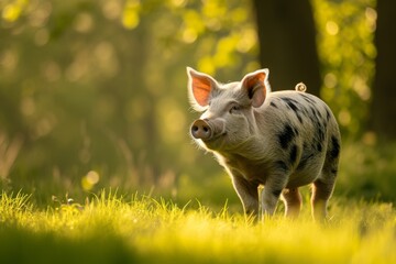 Fototapeta premium View from side body of a three Pietrain pig standing on grass, Awe-inspiring, Full body shot ::2 Side Angle View