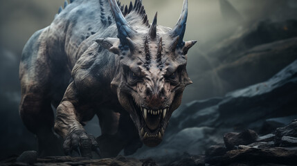 Fototapeta premium Minimalist Carnotaurus Camouflaged in Rocky Terrain