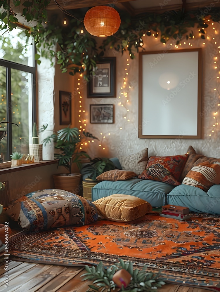 Poster mockup of a white background frame placed in an eclectic boho chic home office setting surrounded by